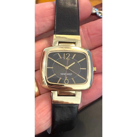 Women's Nine West NW/1840 37mm Watch, Gold Tone with Black Strap - Picture 1 of 4